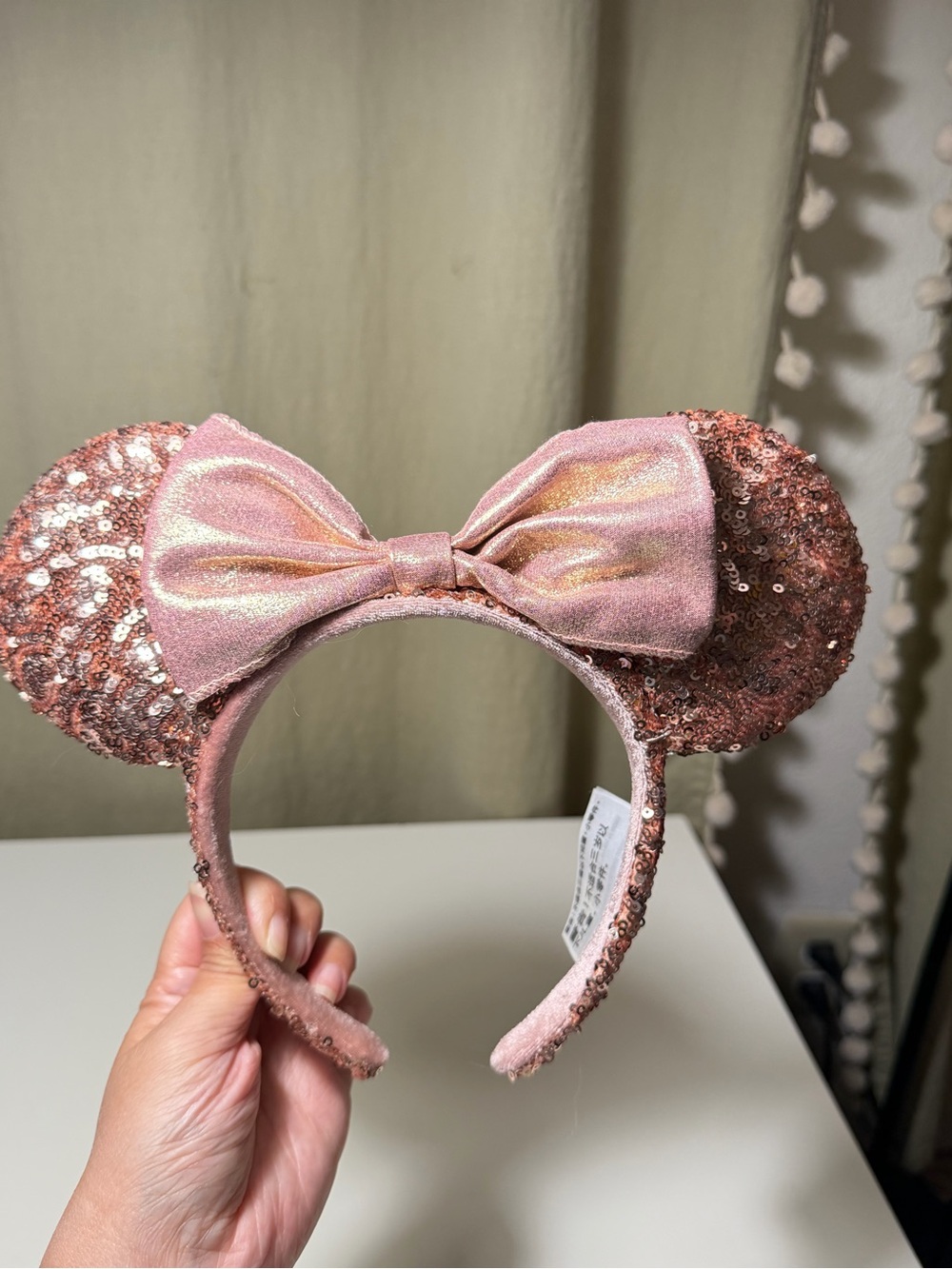 Disney Ear Rose Gold Sequin Minnie Mouse Ears Headband with Bow